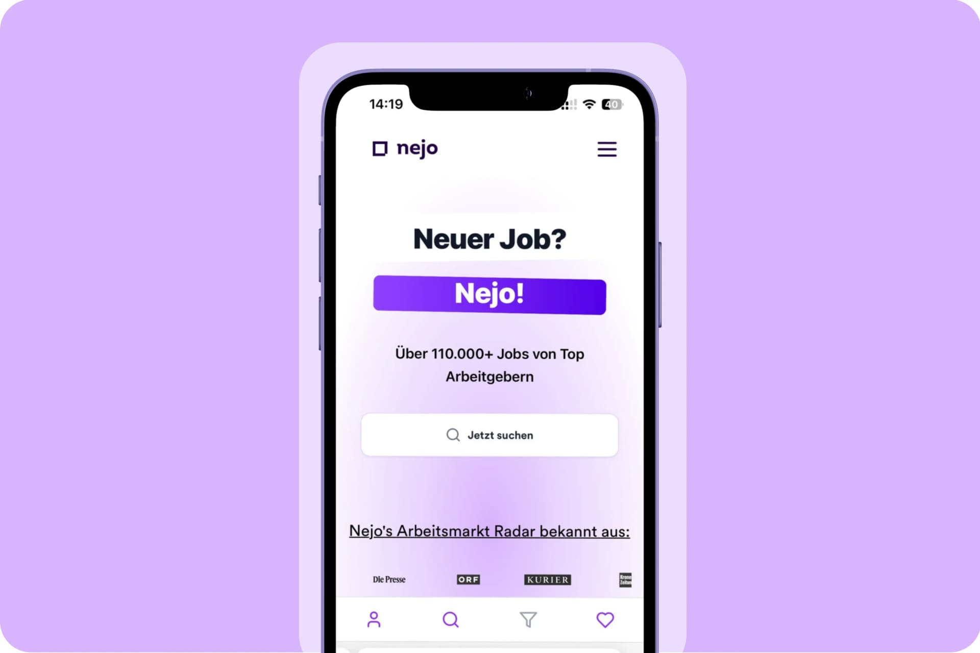Nejo Job-Suchmaschine App auf Smartphone - Eine Suche für alle Stellenangebote mit Echtzeit-Jobsuche und tausenden Arbeitgeber-Webseiten