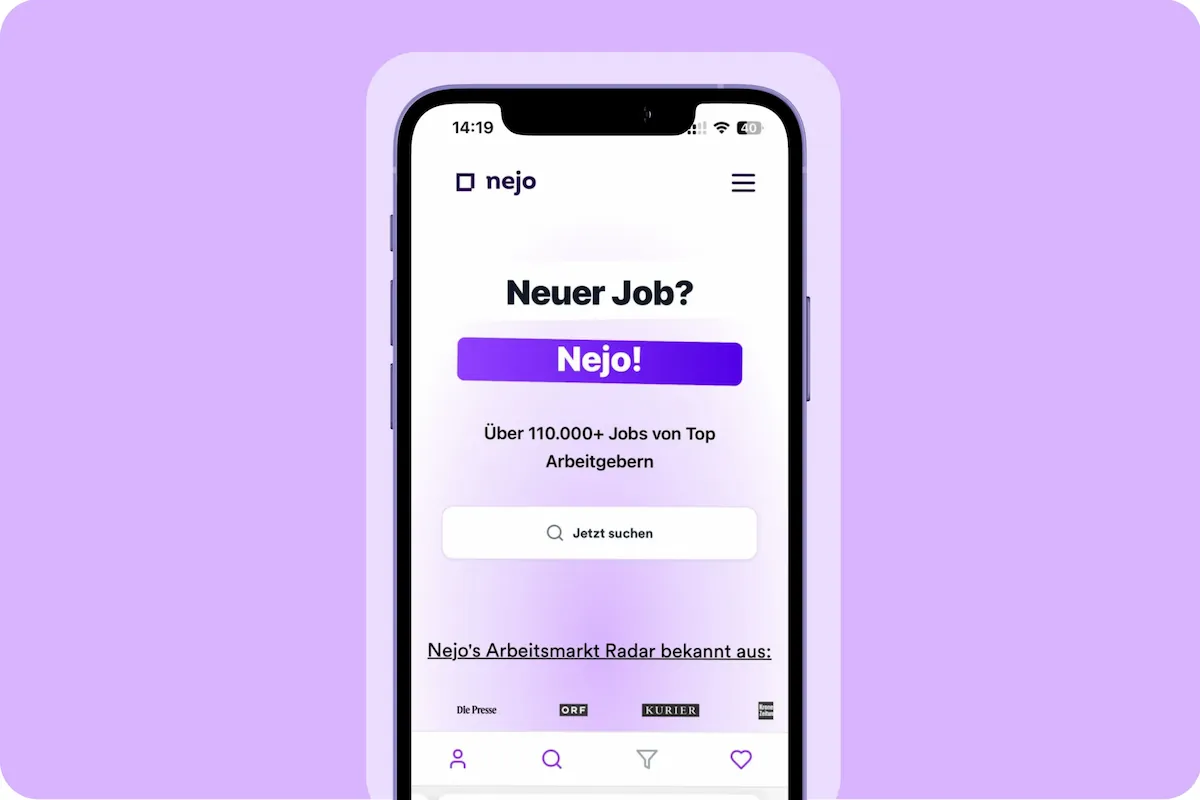 Nejo Job-Suchmaschine App auf Smartphone - Eine Suche für alle Stellenangebote mit Echtzeit-Jobsuche und tausenden Arbeitgeber-Webseiten