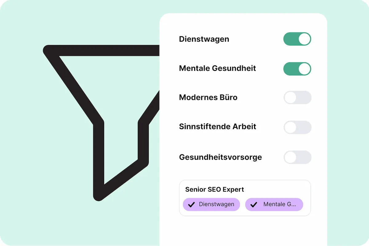Nejo intelligente Job-Filter Interface - Personalisierte Stellensuche mit Filtern für Dienstwagen, mentale Gesundheit, modernes Büro und sinnstiftende Arbeit für smarte Suchergebnisse